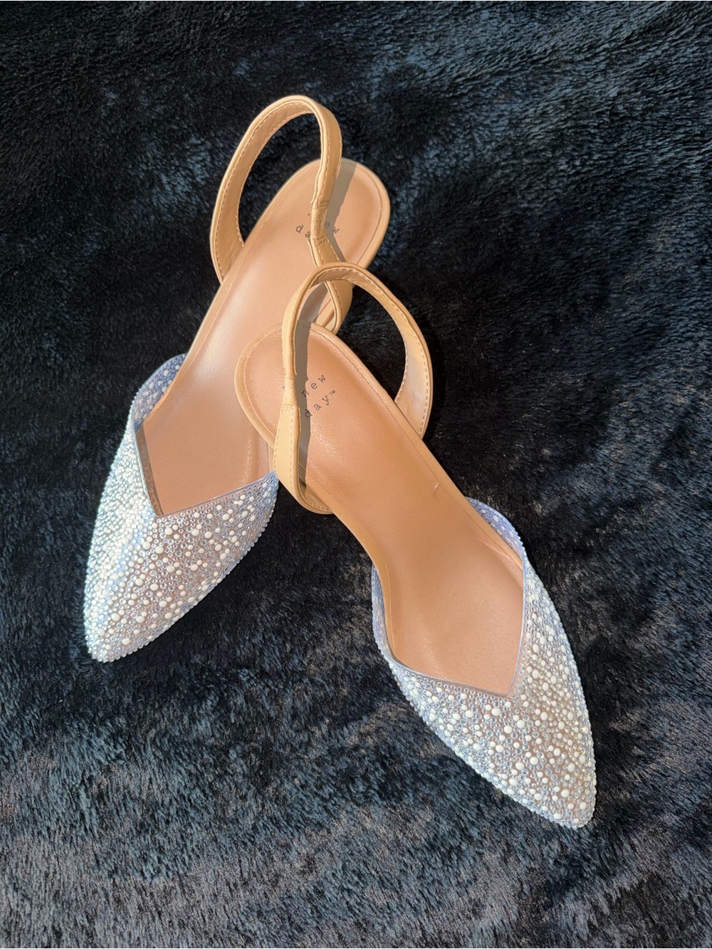 a new day Rhinestone Embellished Pointed Toe Slingback Flats in Tan and Silver